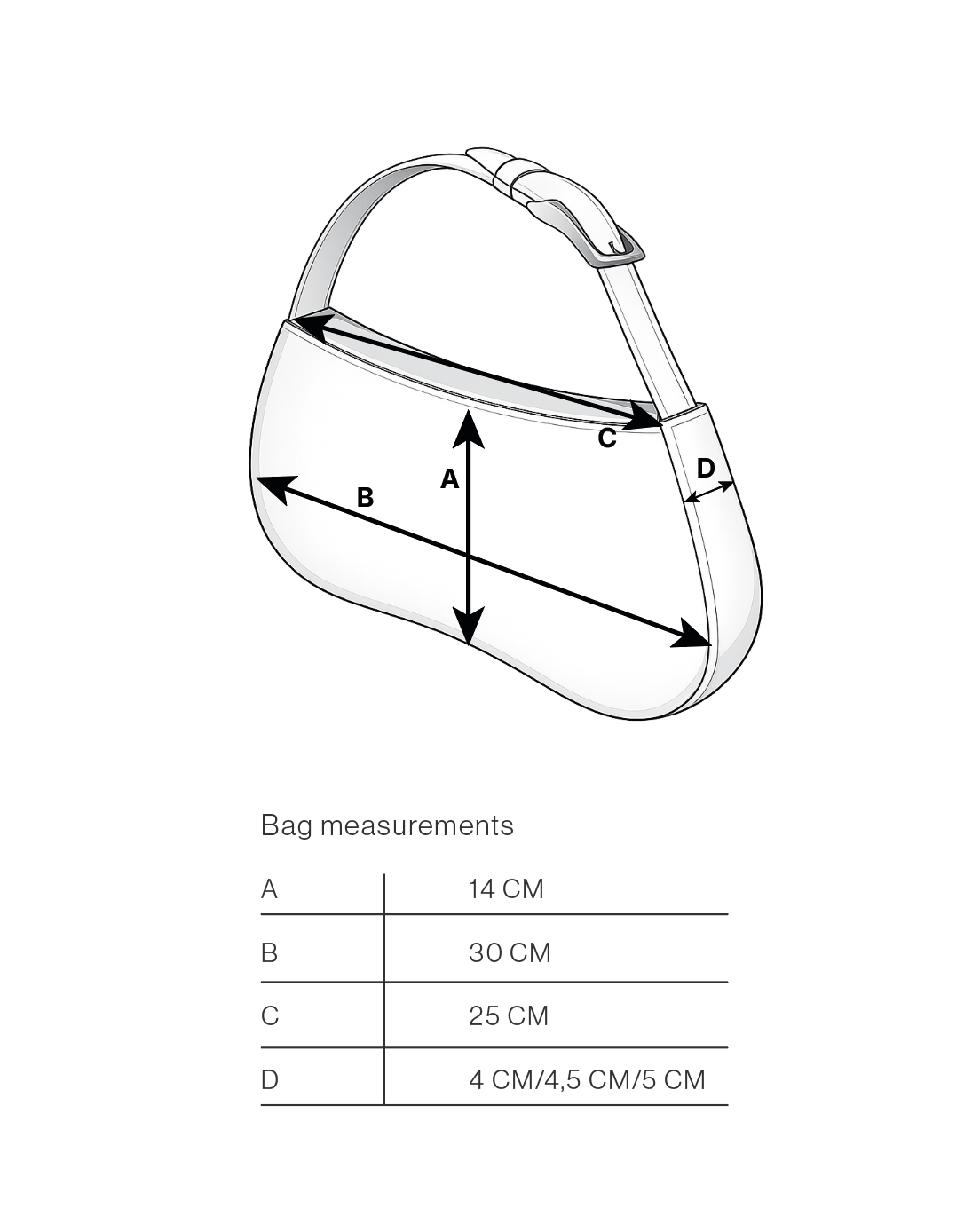 Measurement chart for a handbag with dimensions labeled on a white background